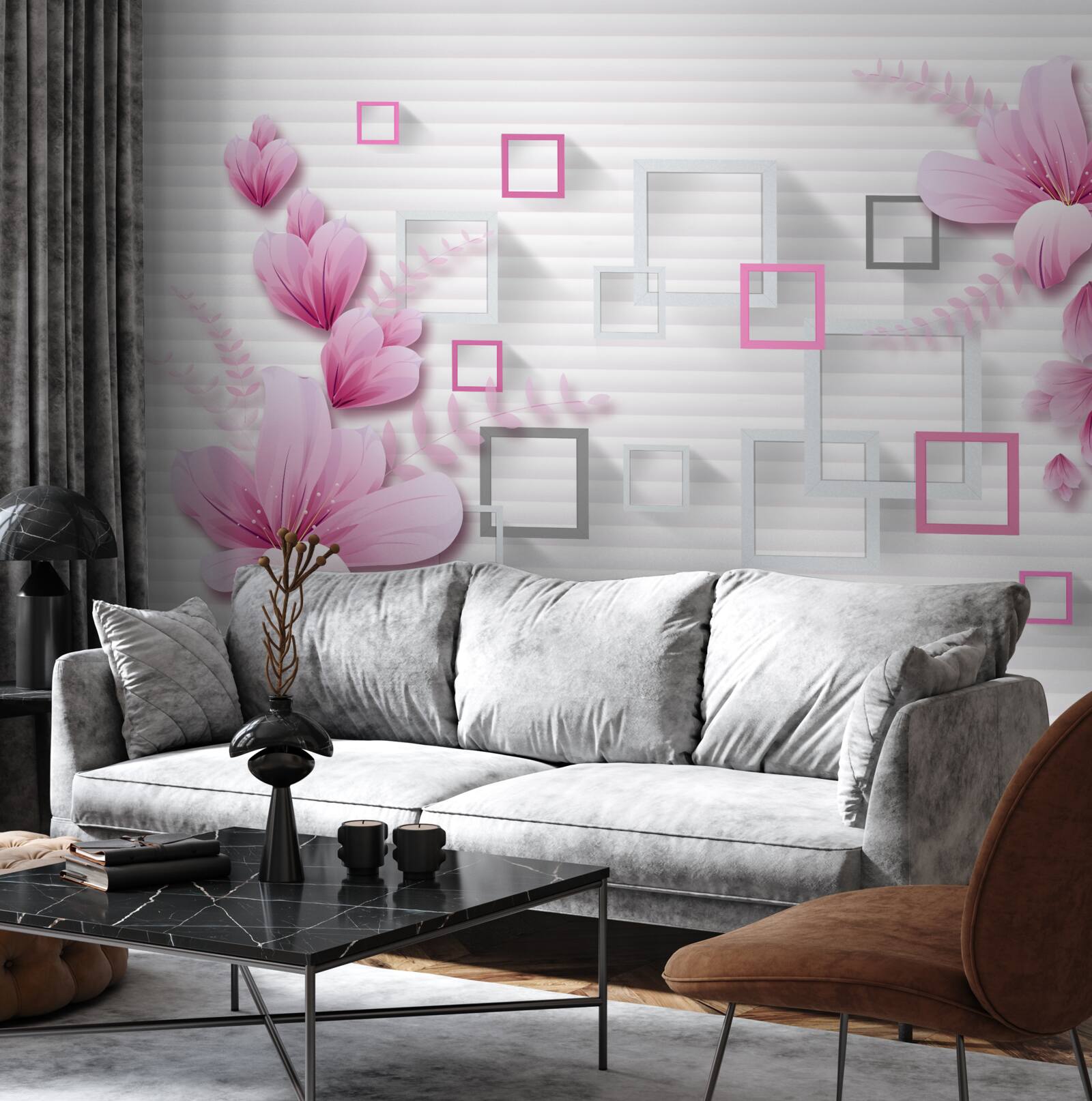 Fototapeta štvorce a orgovánové kvety na snehobielej tehle