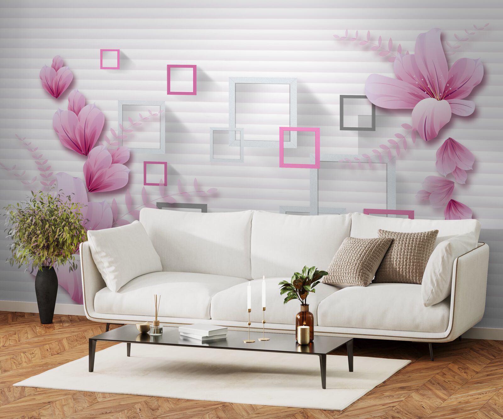 Fototapeta štvorce a orgovánové kvety na snehobielej tehle