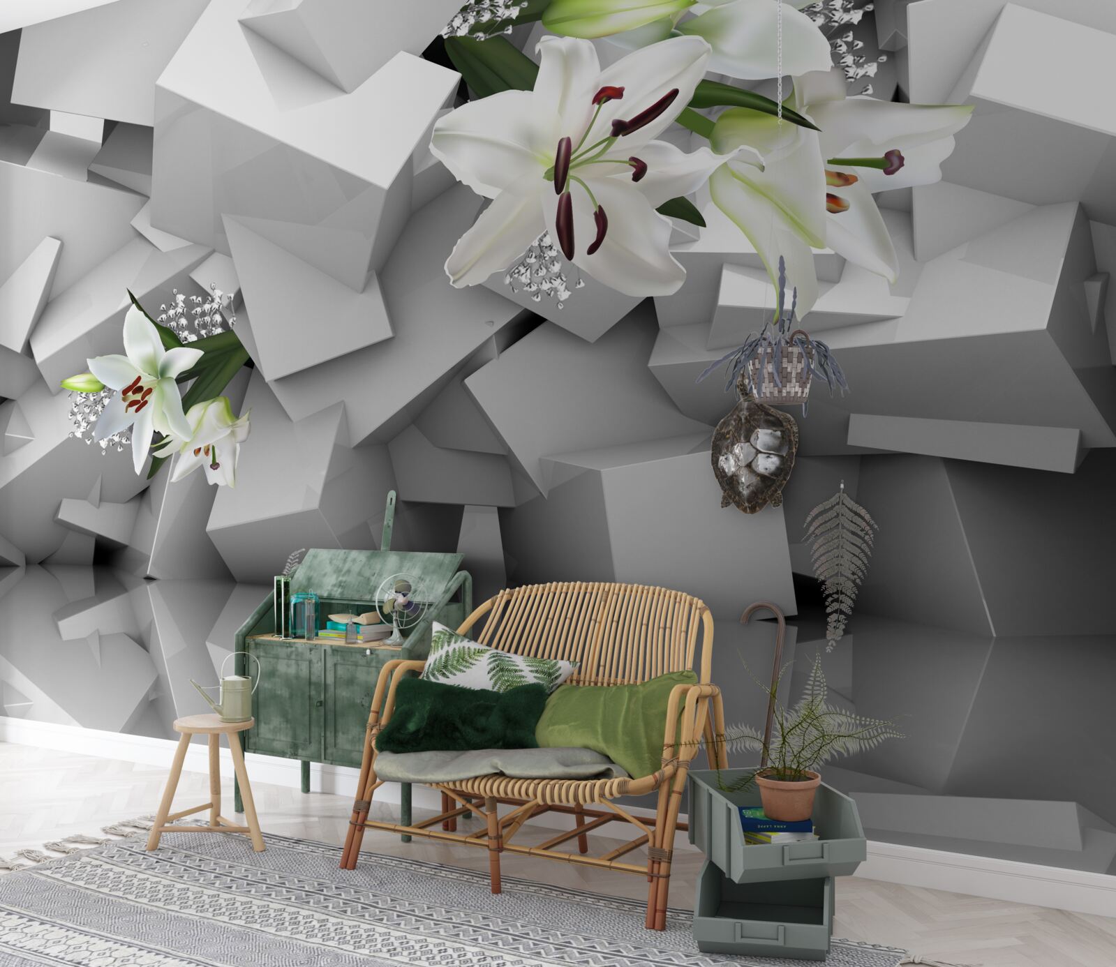 Fototapeta geometrické pozadie zdobené púčikmi bielej ľalie