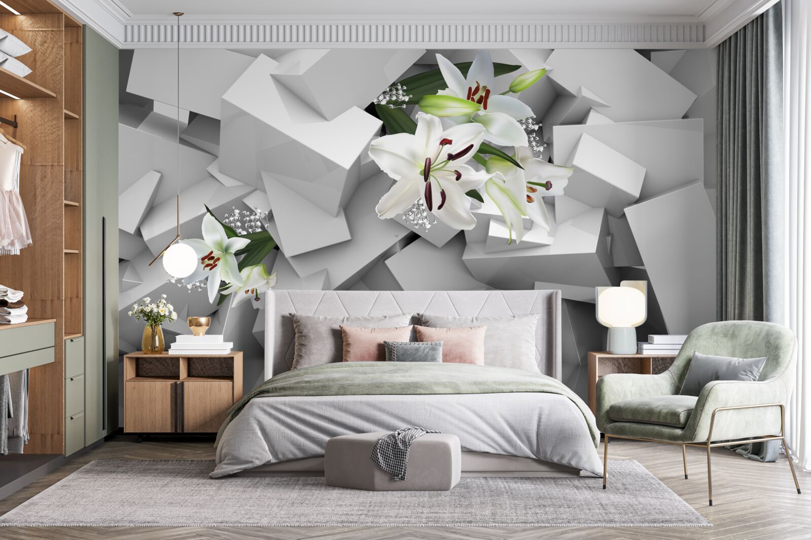 Fototapeta geometrické pozadie zdobené púčikmi bielej ľalie