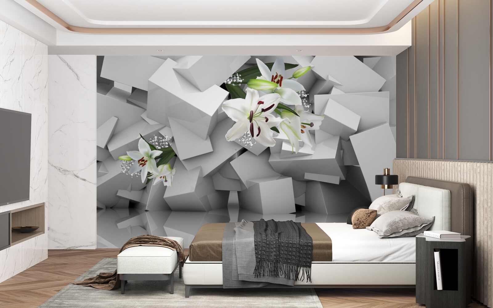 Fototapeta geometrické pozadie zdobené púčikmi bielej ľalie