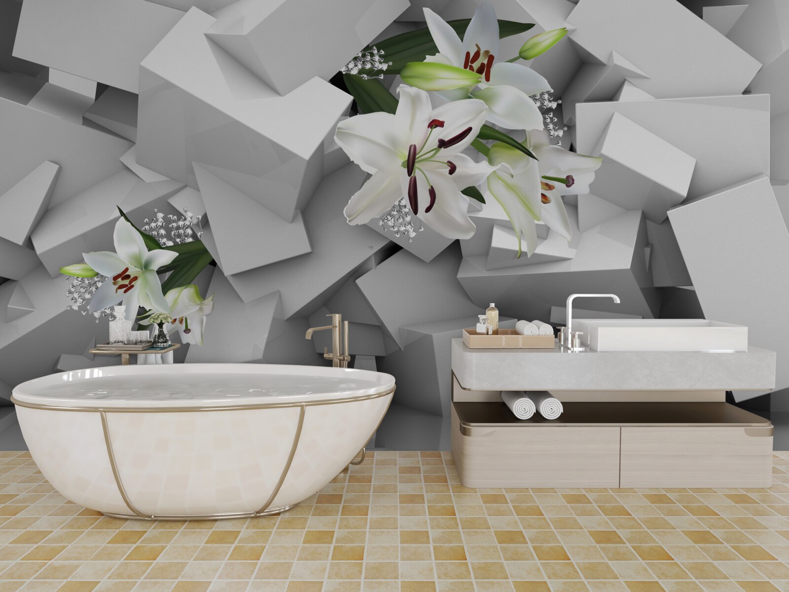 Fototapeta geometrické pozadie zdobené púčikmi bielej ľalie