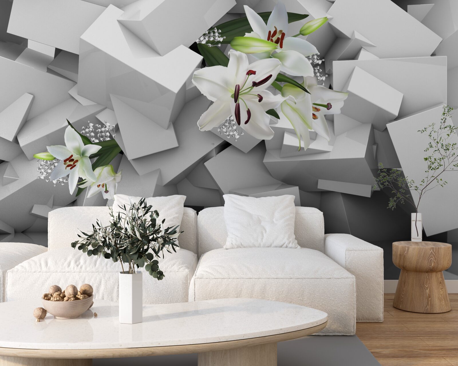 Fototapeta geometrické pozadie zdobené púčikmi bielej ľalie