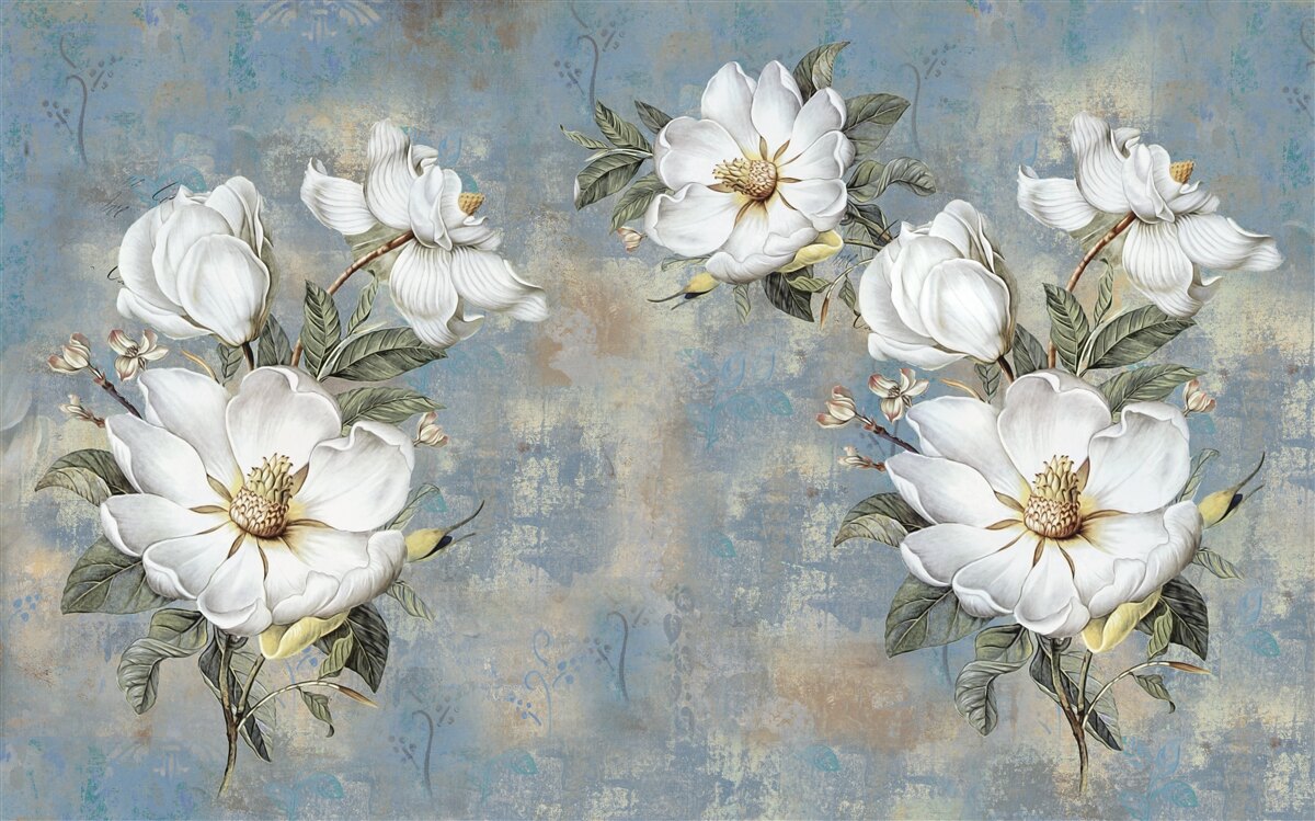 Fototapeta Snehobiele kvety na maľovanej betónovej stene