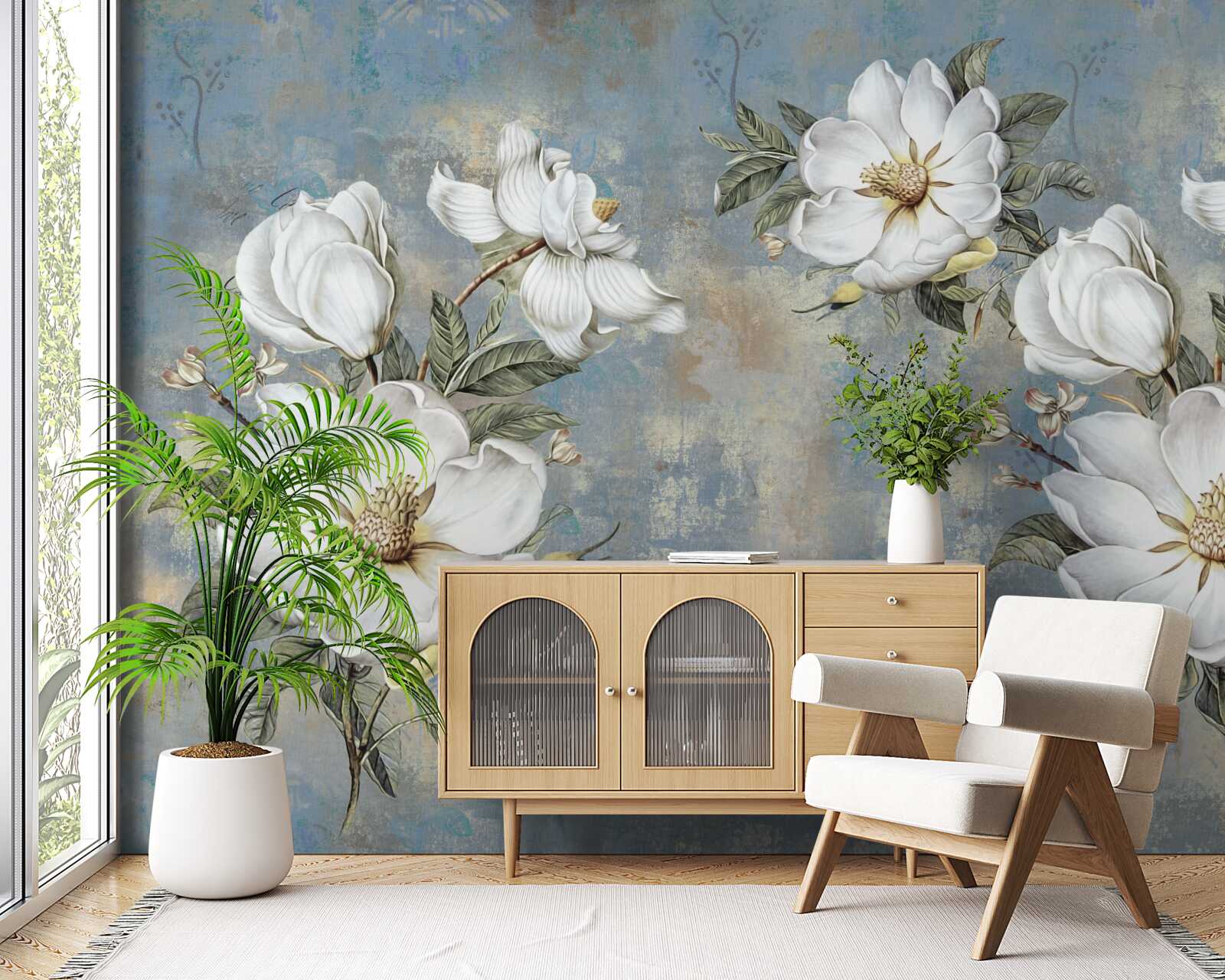 Fototapeta Snehobiele kvety na maľovanej betónovej stene