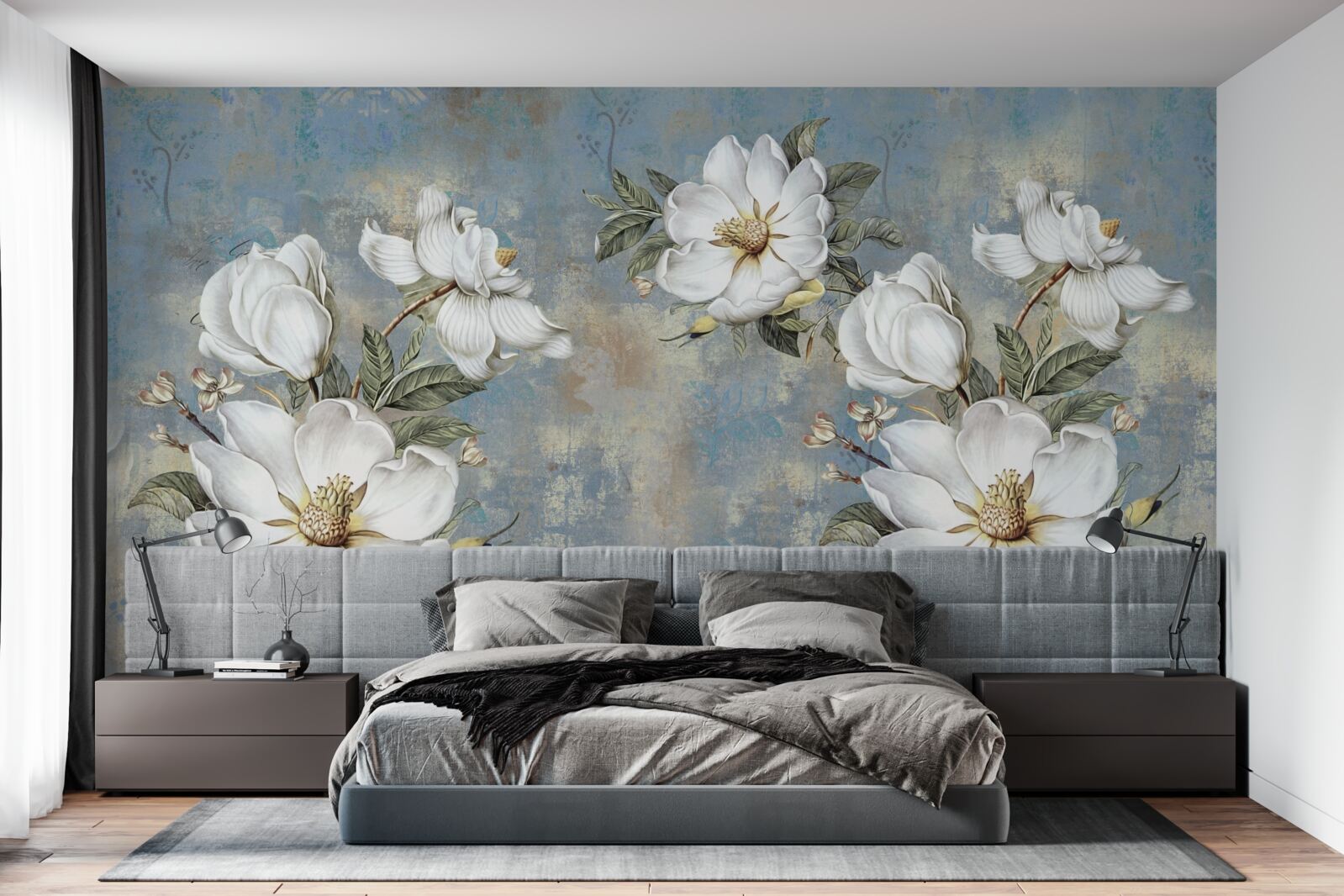 Fototapeta Snehobiele kvety na maľovanej betónovej stene