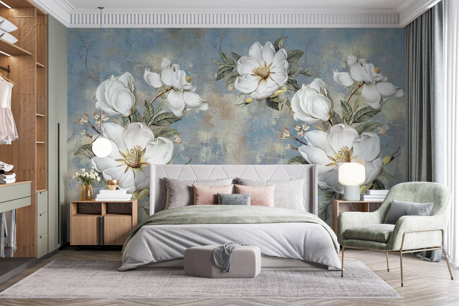 Fototapeta Snehobiele kvety na maľovanej betónovej stene