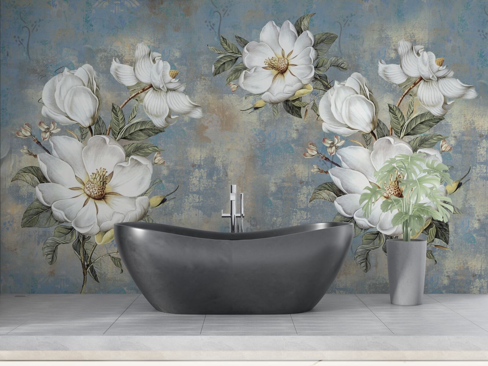 Fototapeta Snehobiele kvety na maľovanej betónovej stene