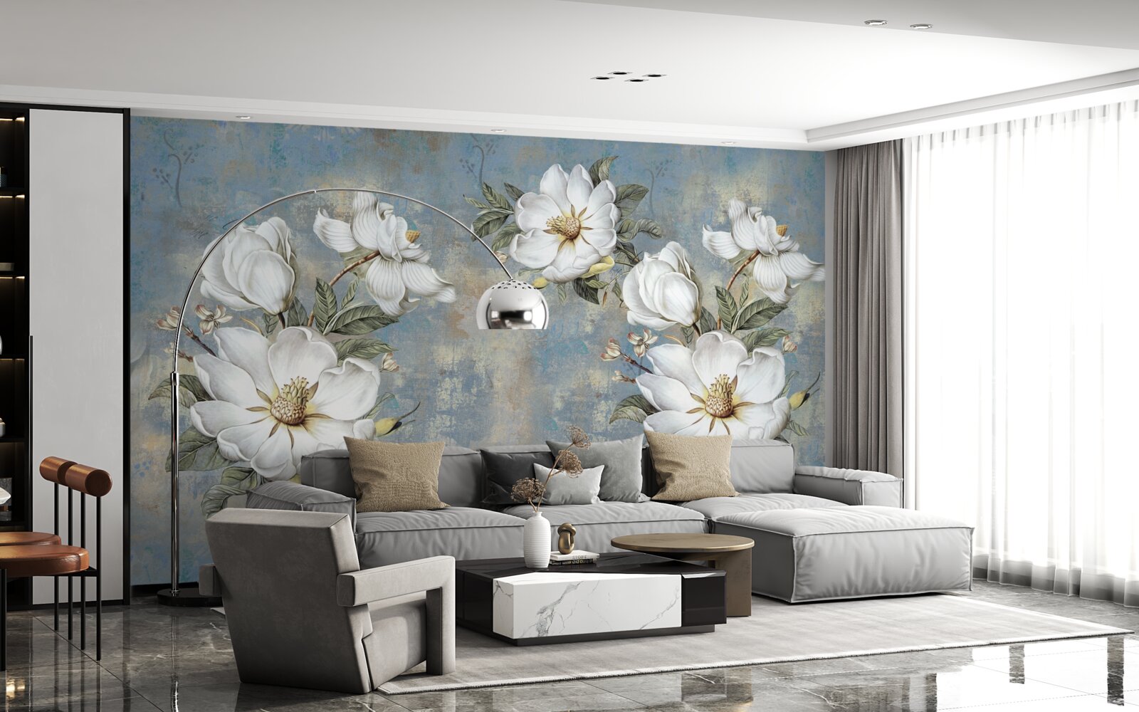 Fototapeta Snehobiele kvety na maľovanej betónovej stene