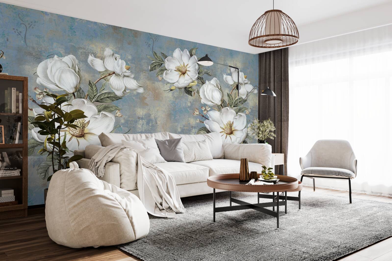 Fototapeta Snehobiele kvety na maľovanej betónovej stene