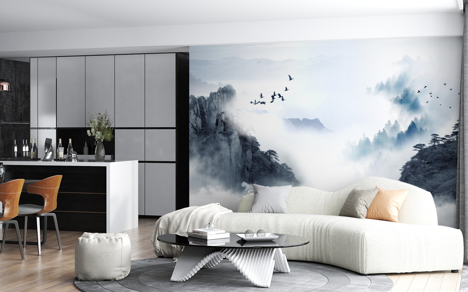 Fototapeta v strachu zo studenej hmly sa vtáky vznášajú do výšin