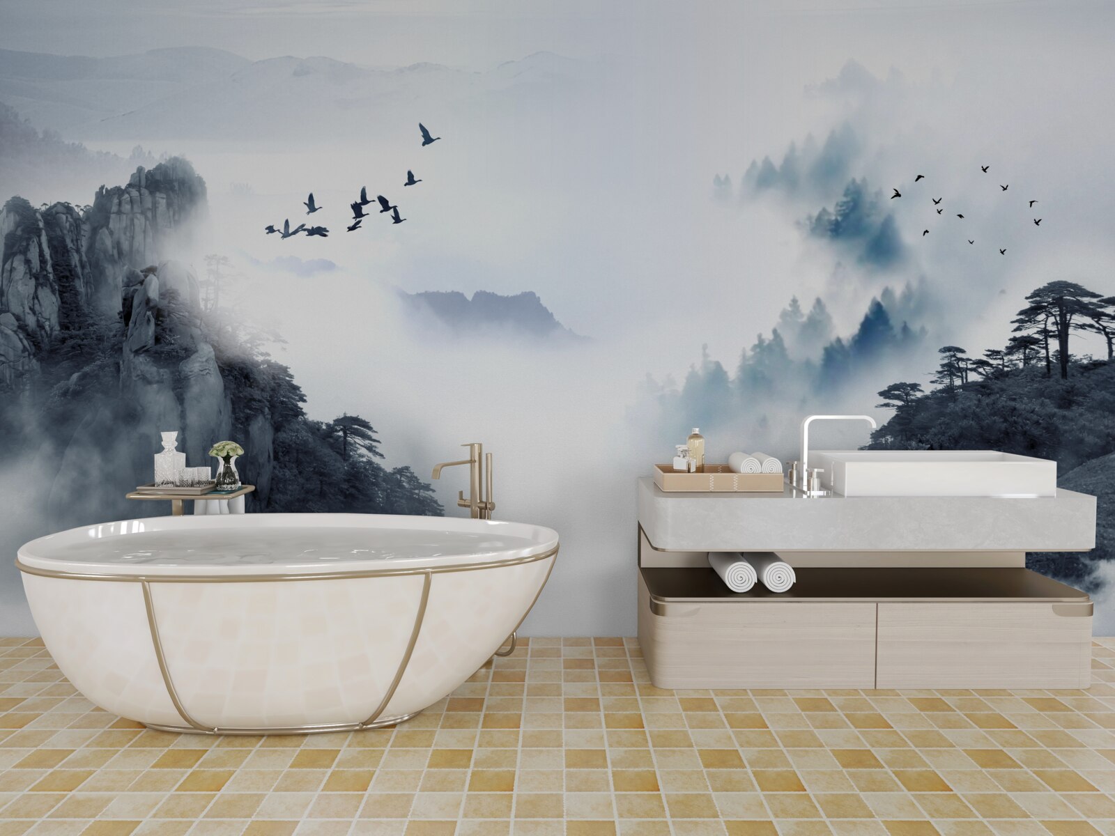 Fototapeta v strachu zo studenej hmly sa vtáky vznášajú do výšin