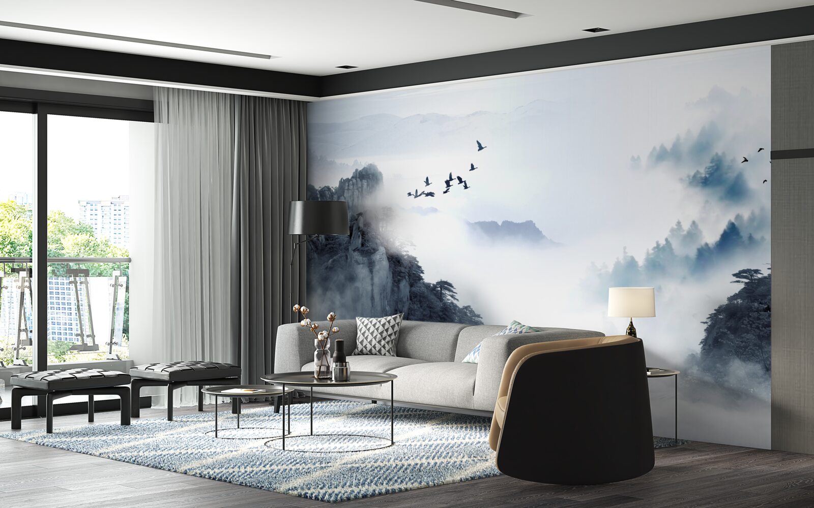 Fototapeta v strachu zo studenej hmly sa vtáky vznášajú do výšin