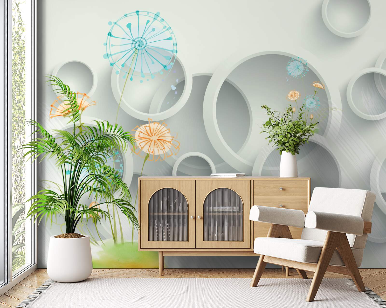 Fototapeta na pozadí kruhov kvitnú na lúke púpavy