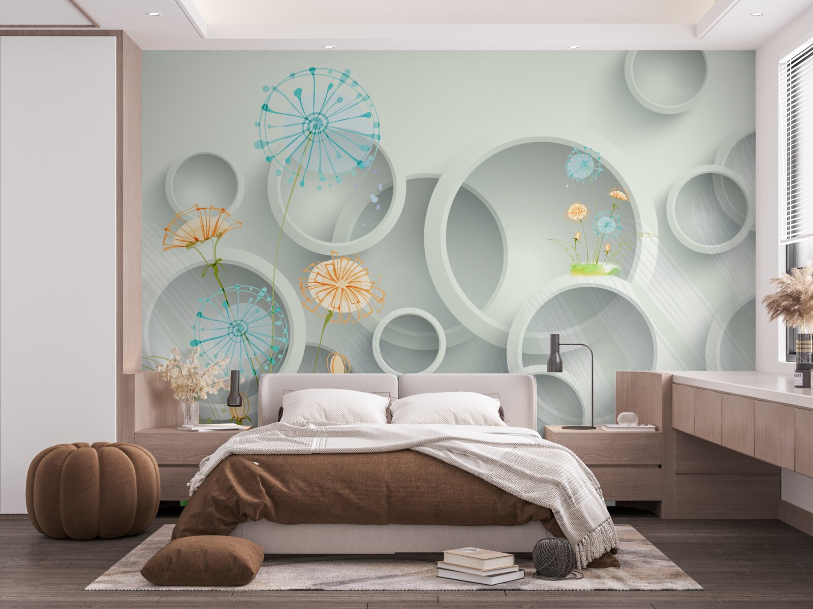 Fototapeta na pozadí kruhov kvitnú na lúke púpavy