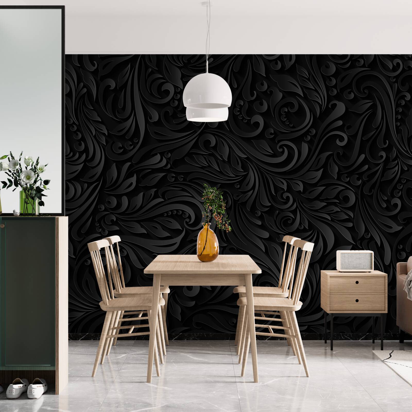 Fototapeta listy a čierne kvety s textúrou