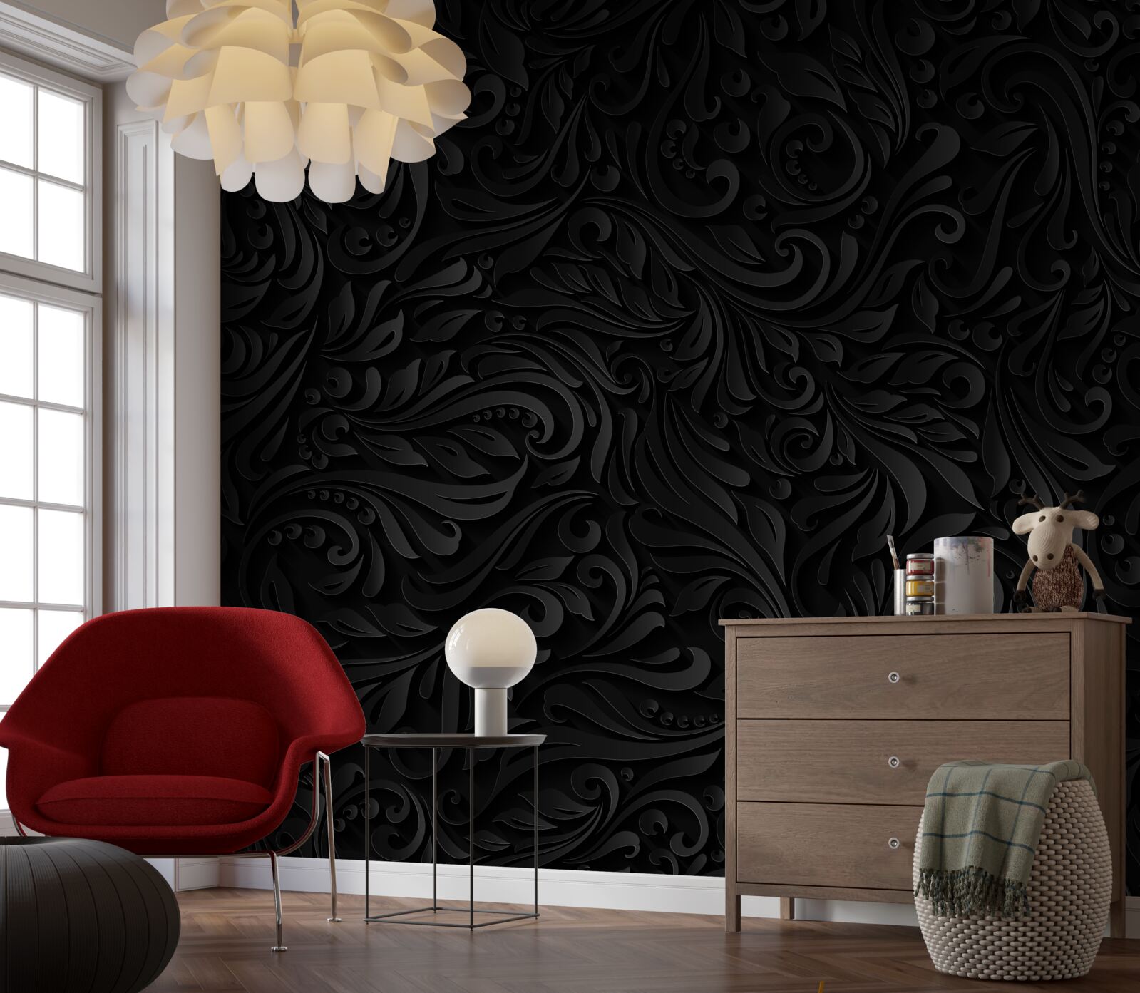 Fototapeta listy a čierne kvety s textúrou