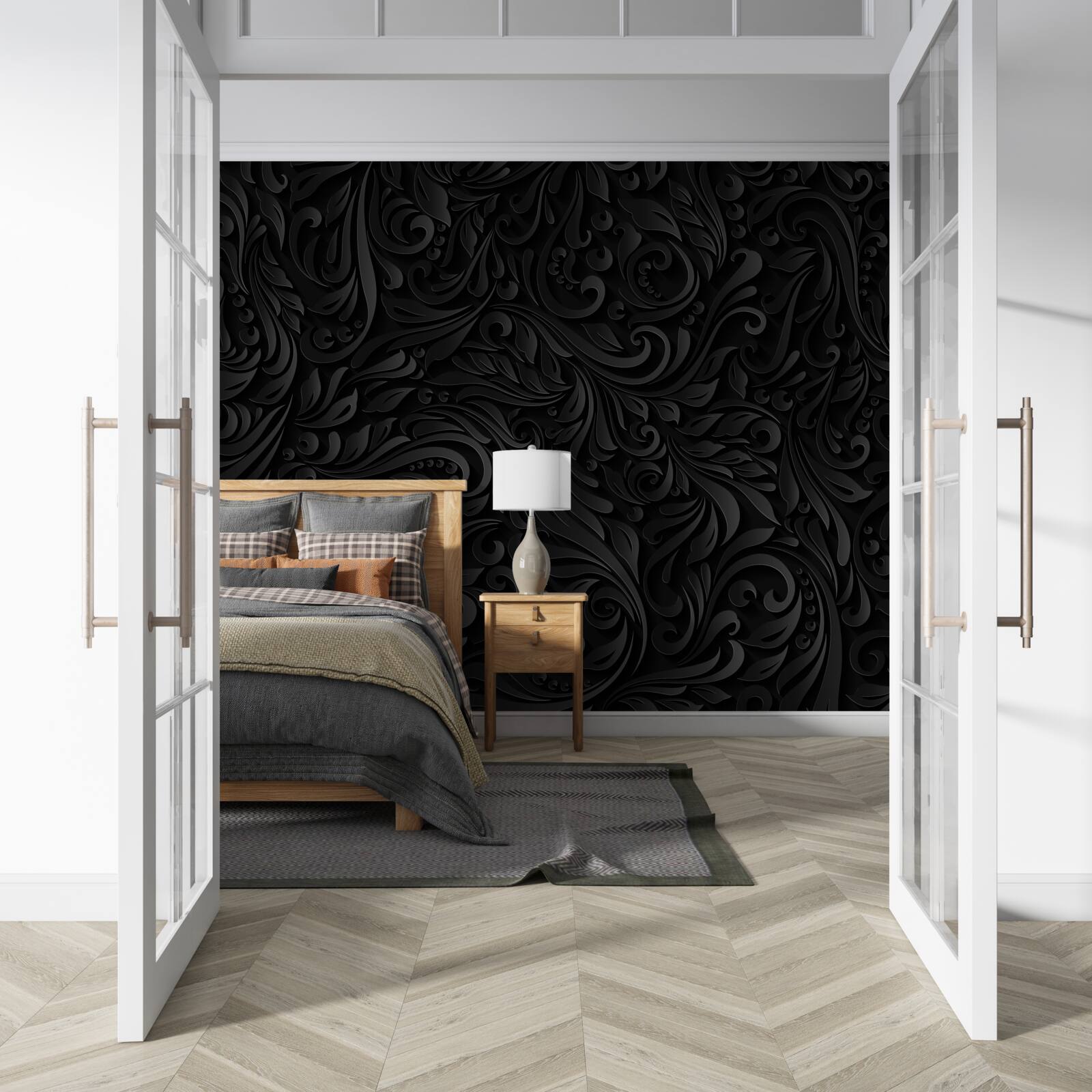 Fototapeta listy a čierne kvety s textúrou