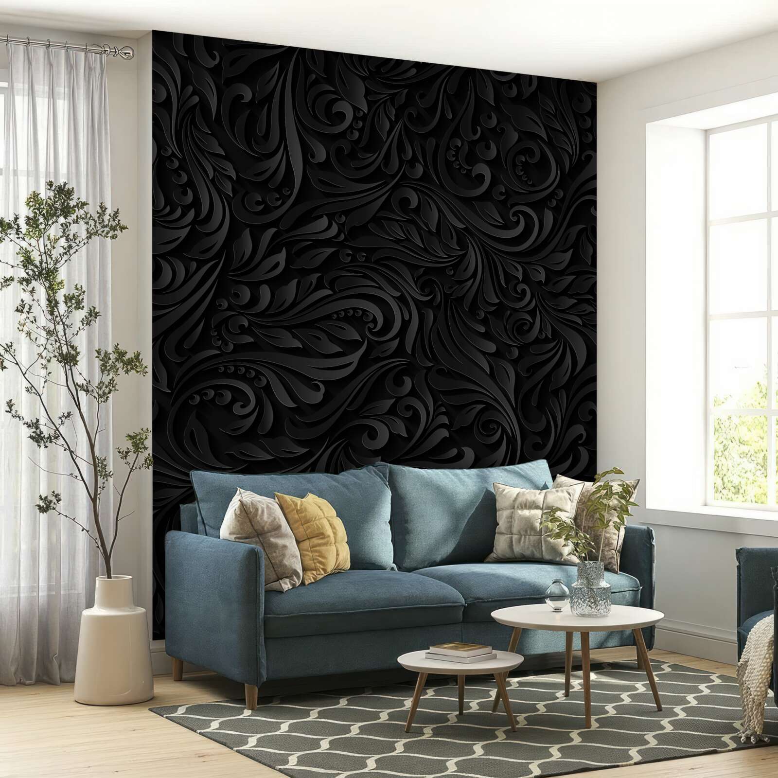 Fototapeta listy a čierne kvety s textúrou