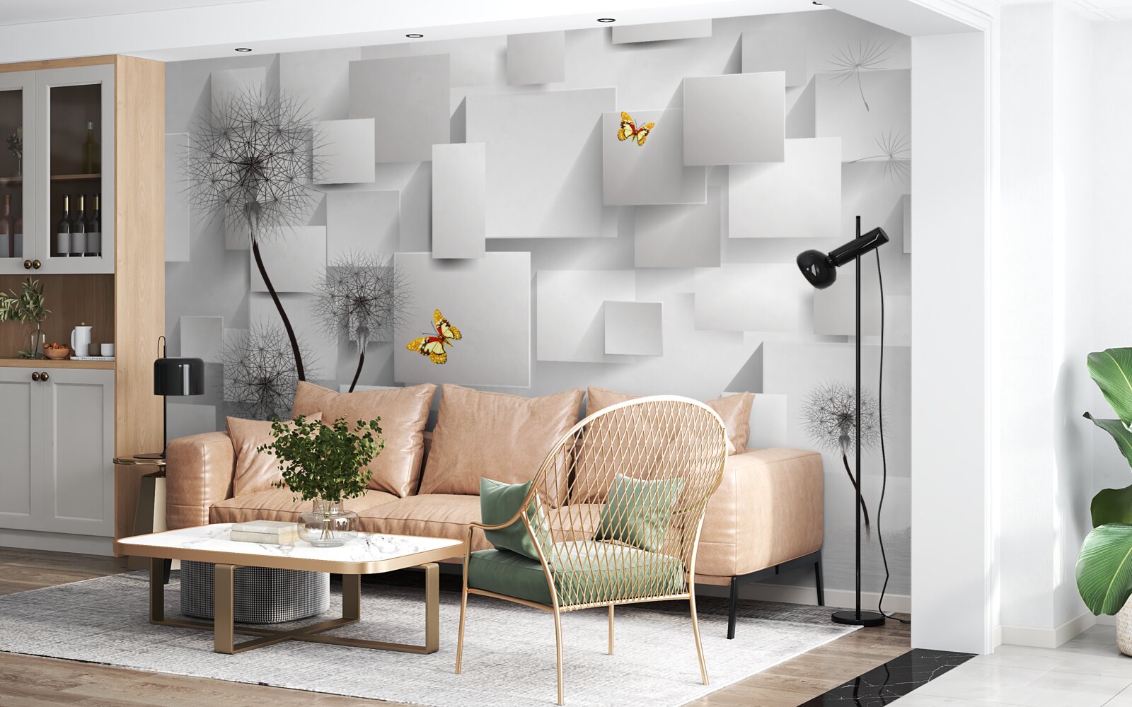 Fototapeta abstraktné biele štvorce s púpavami v popredí