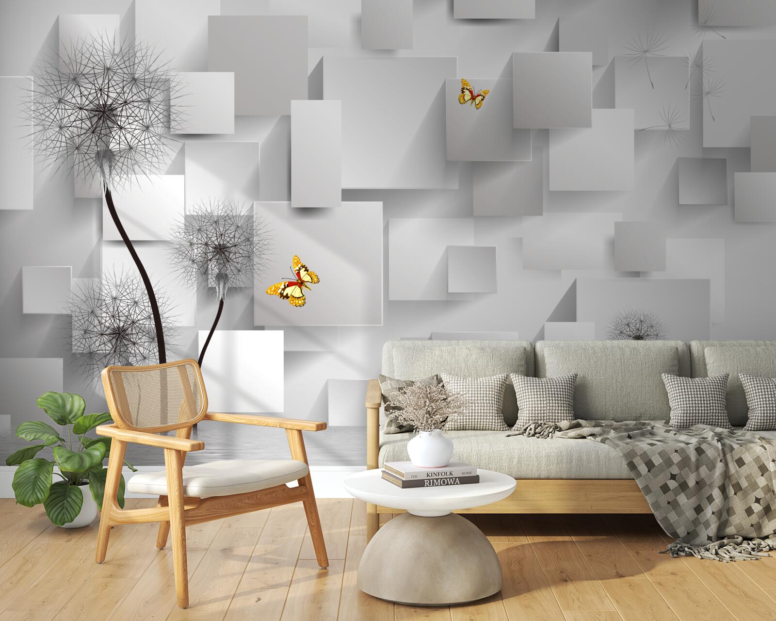 Fototapeta abstraktné biele štvorce s púpavami v popredí