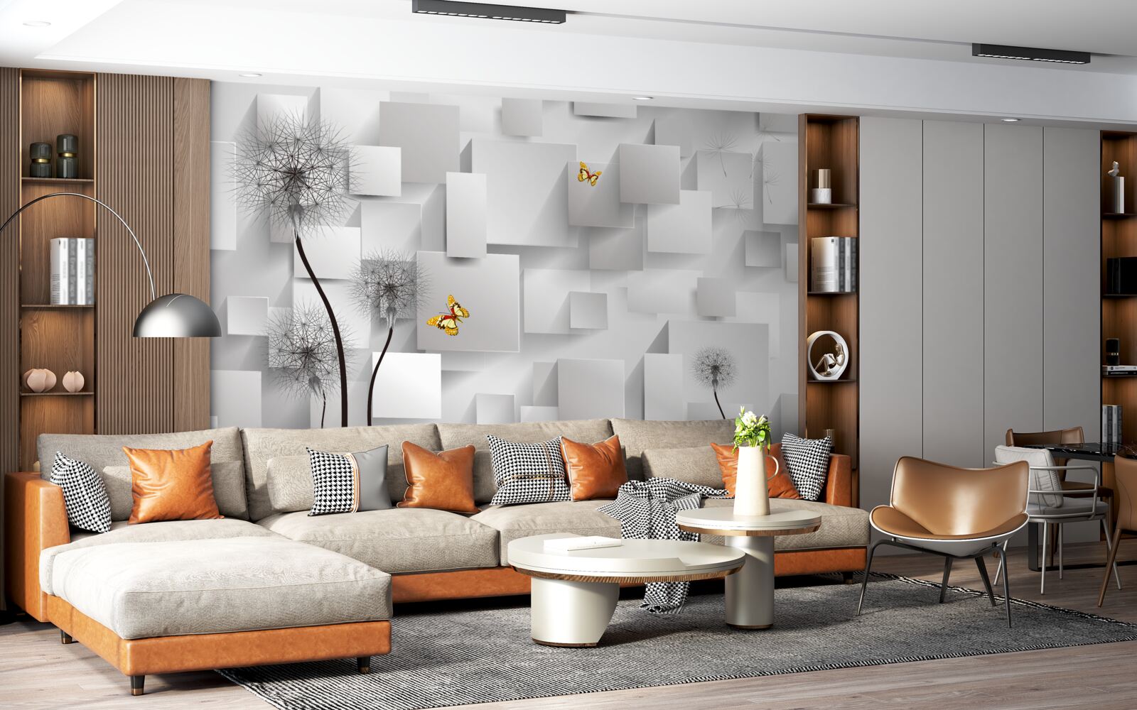 Fototapeta abstraktné biele štvorce s púpavami v popredí