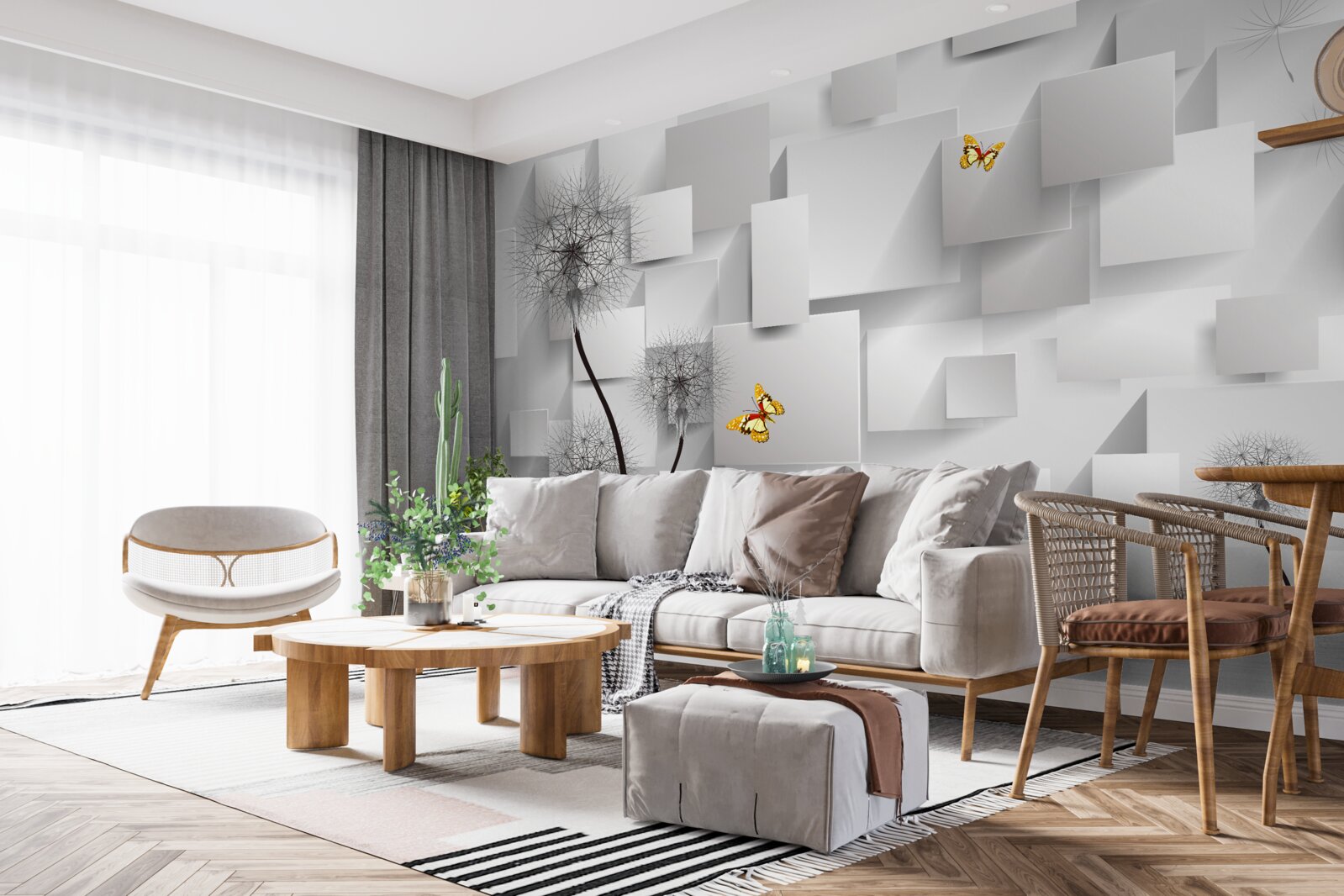 Fototapeta abstraktné biele štvorce s púpavami v popredí