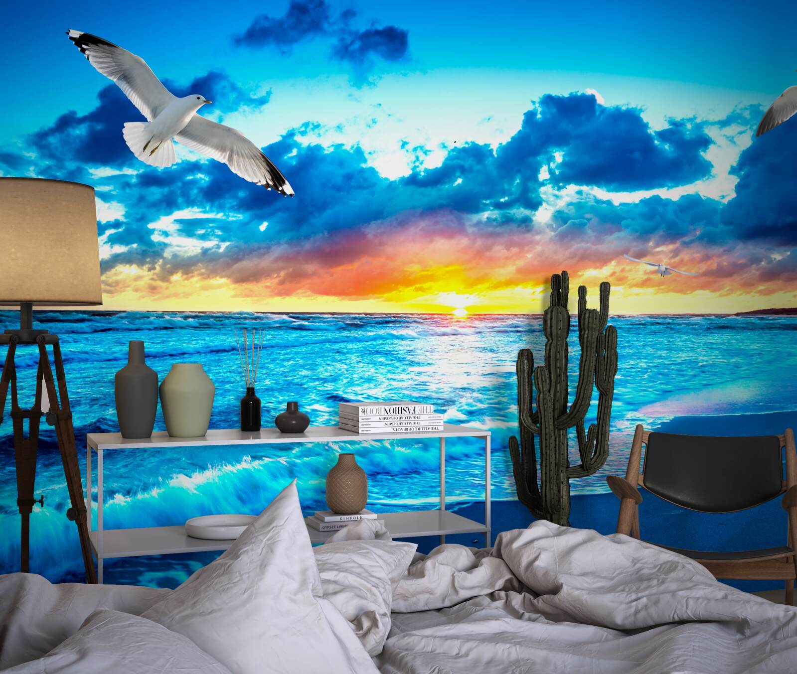 Fototapeta západ slnka nad morom a zasnené čajky