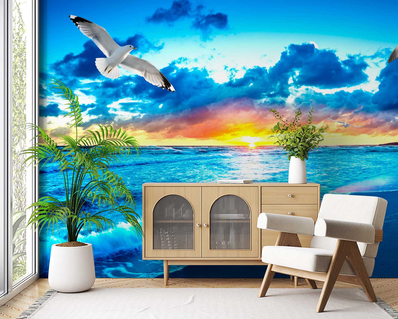 Fototapeta západ slnka nad morom a zasnené čajky