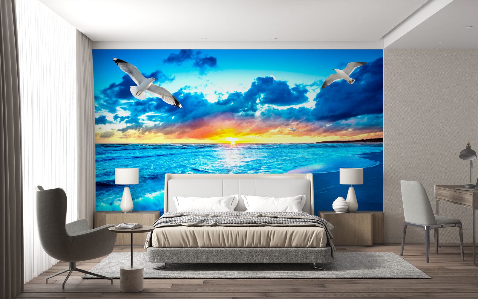 Fototapeta západ slnka nad morom a zasnené čajky