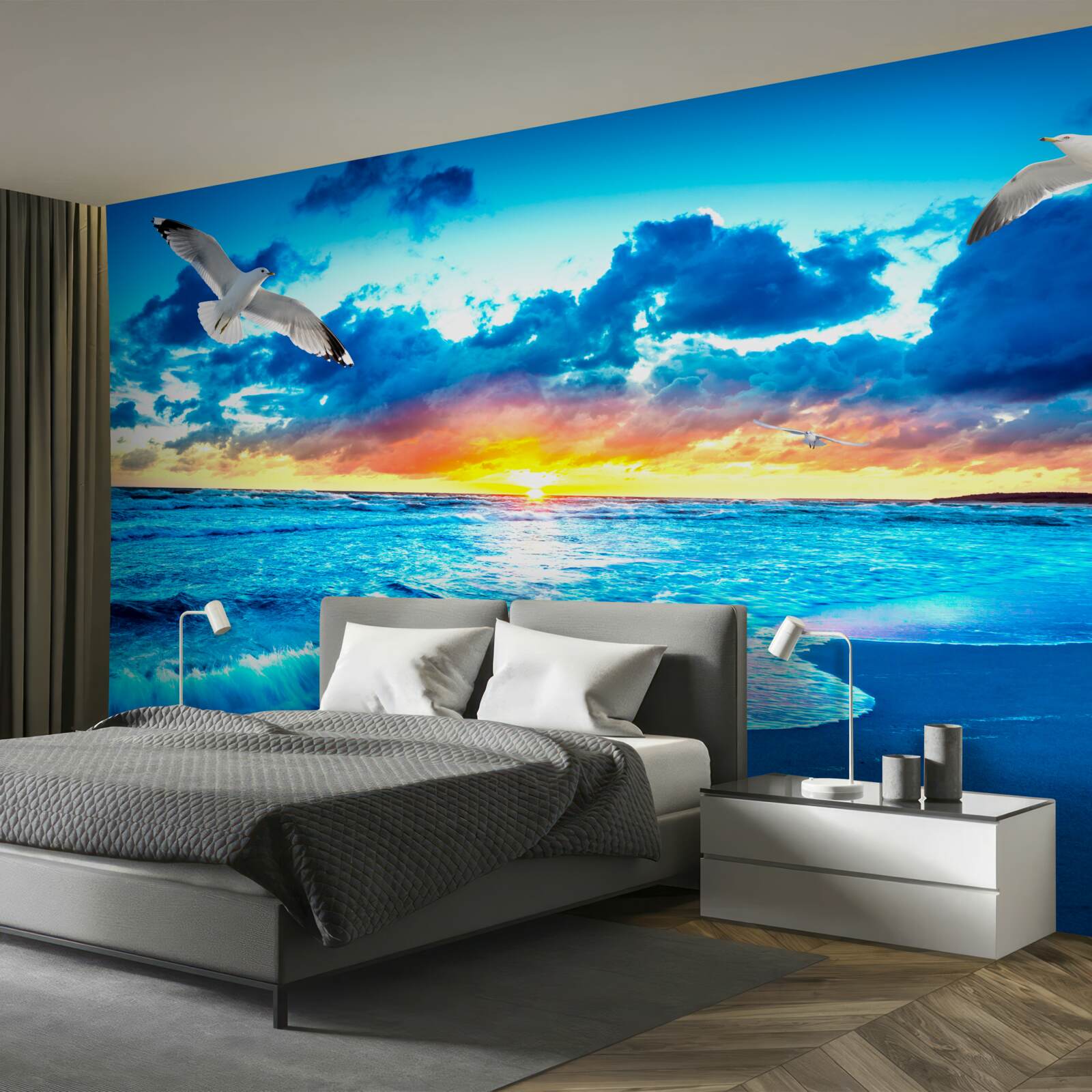 Fototapeta západ slnka nad morom a zasnené čajky