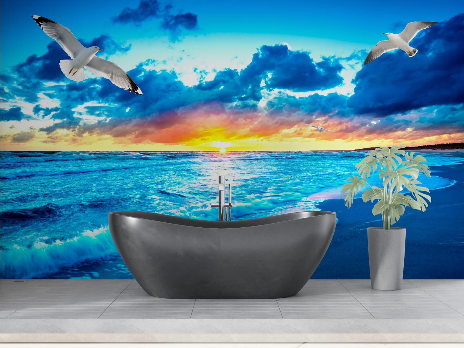 Fototapeta západ slnka nad morom a zasnené čajky