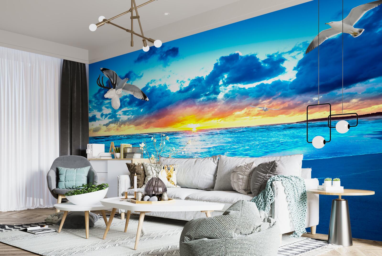 Fototapeta západ slnka nad morom a zasnené čajky