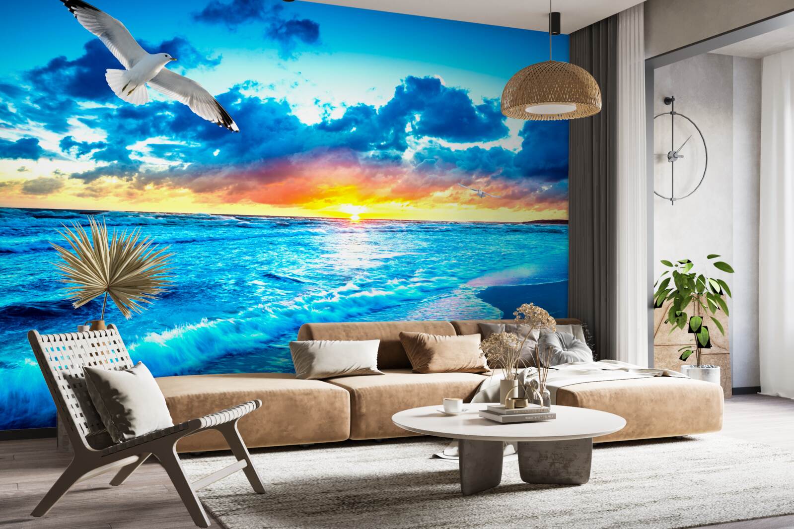 Fototapeta západ slnka nad morom a zasnené čajky