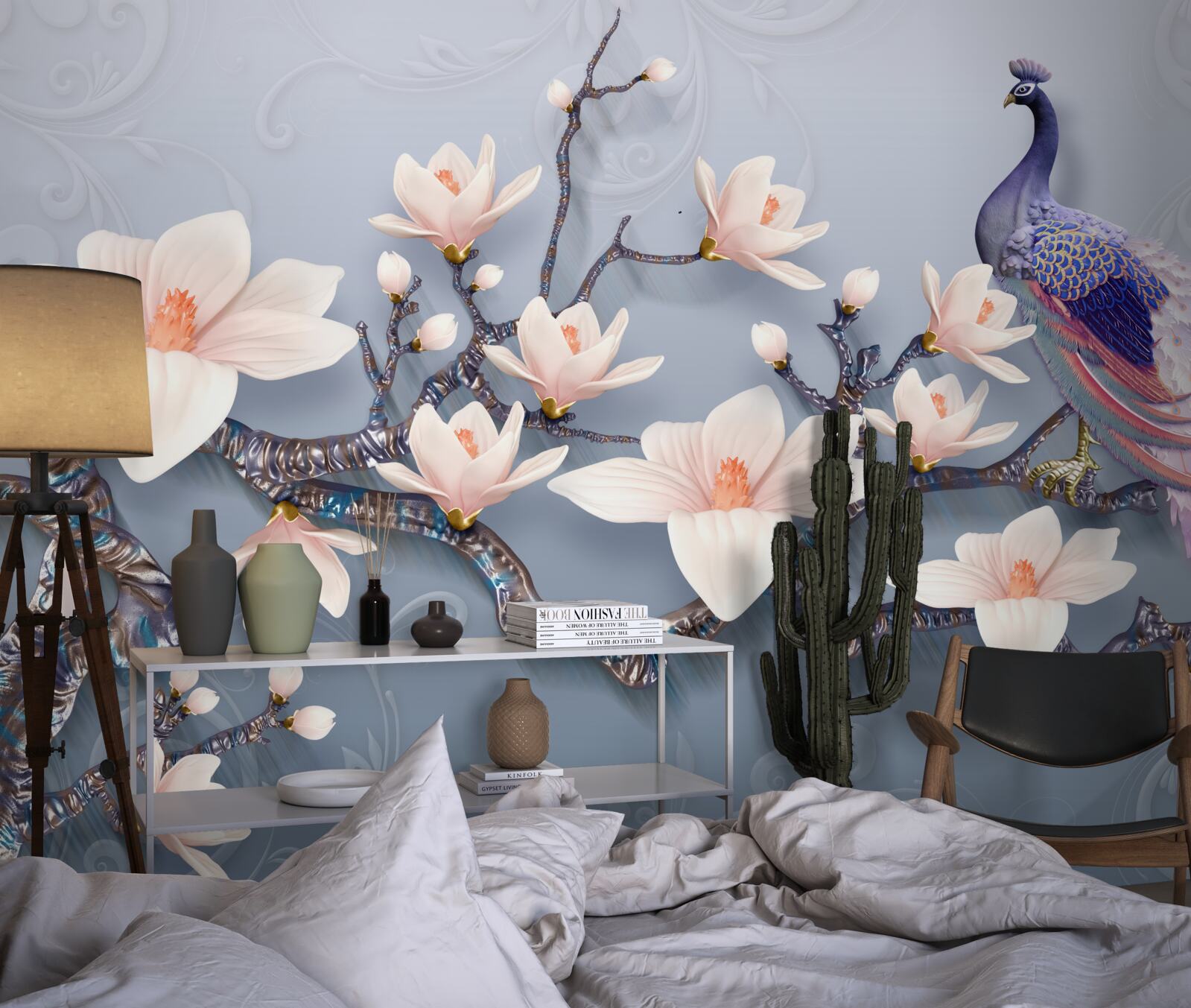 Fototapeta nádherný páv sediaci na konári s púčikmi