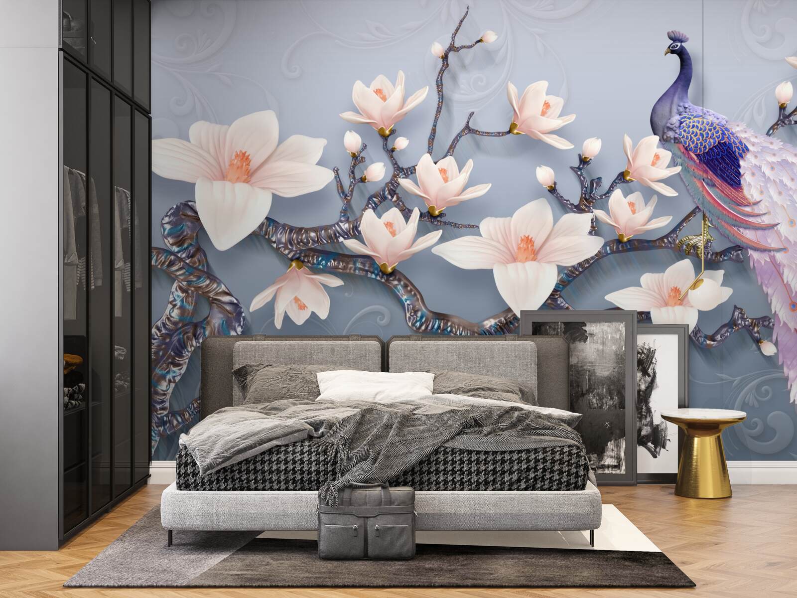 Fototapeta nádherný páv sediaci na konári s púčikmi