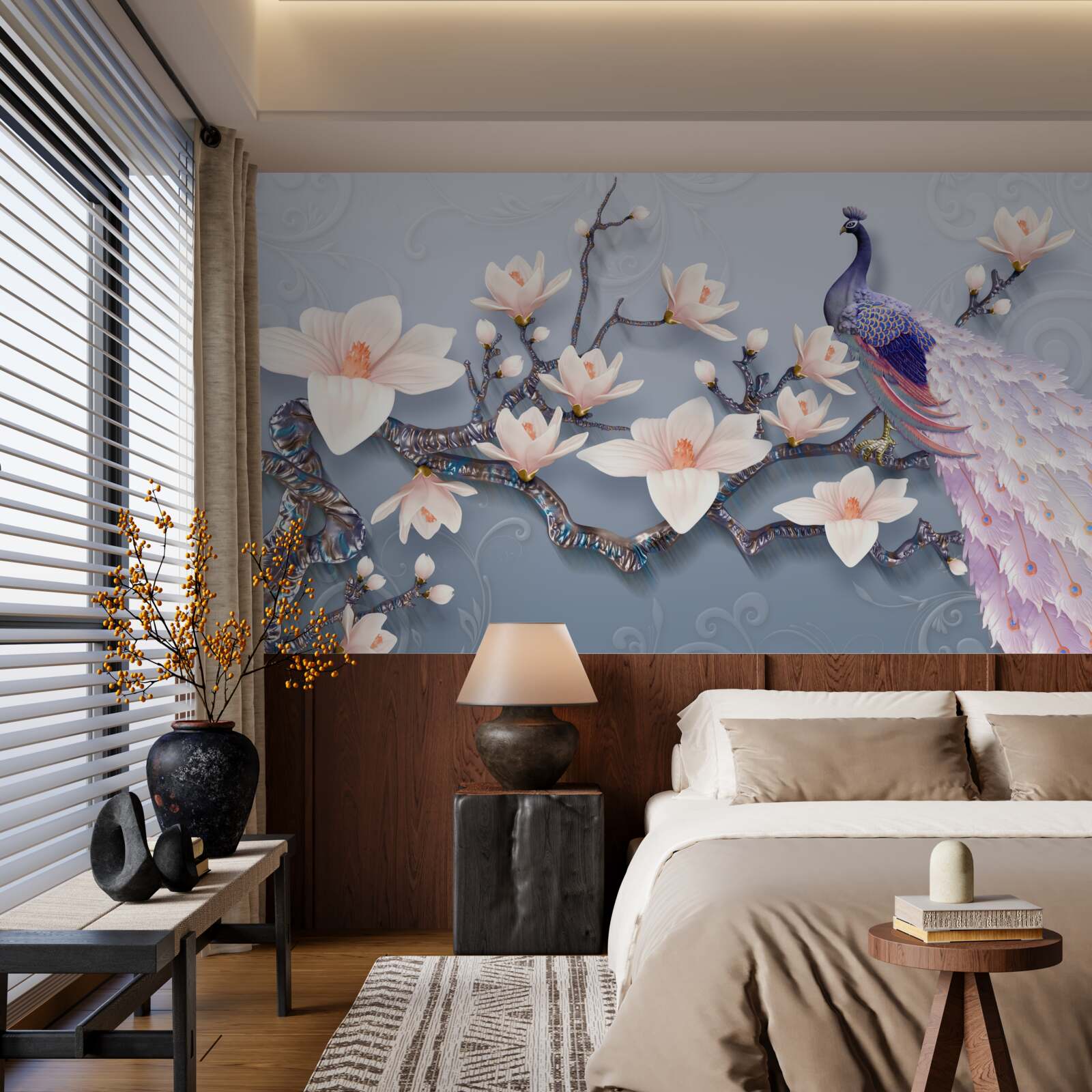 Fototapeta nádherný páv sediaci na konári s púčikmi