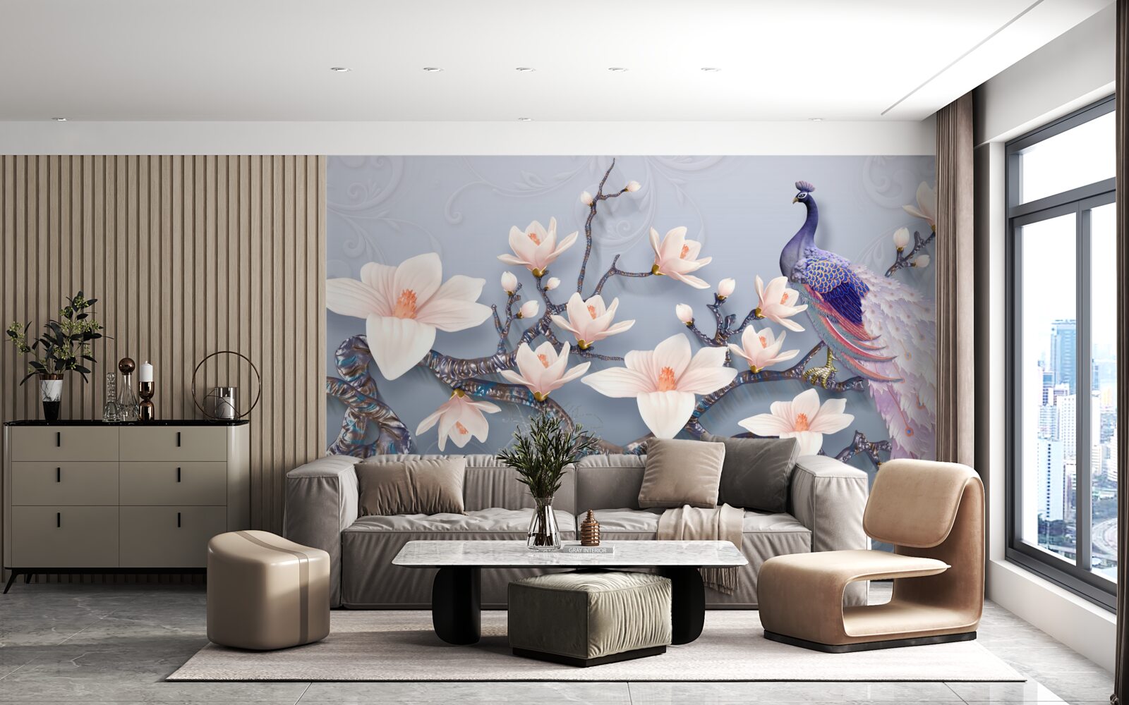 Fototapeta nádherný páv sediaci na konári s púčikmi