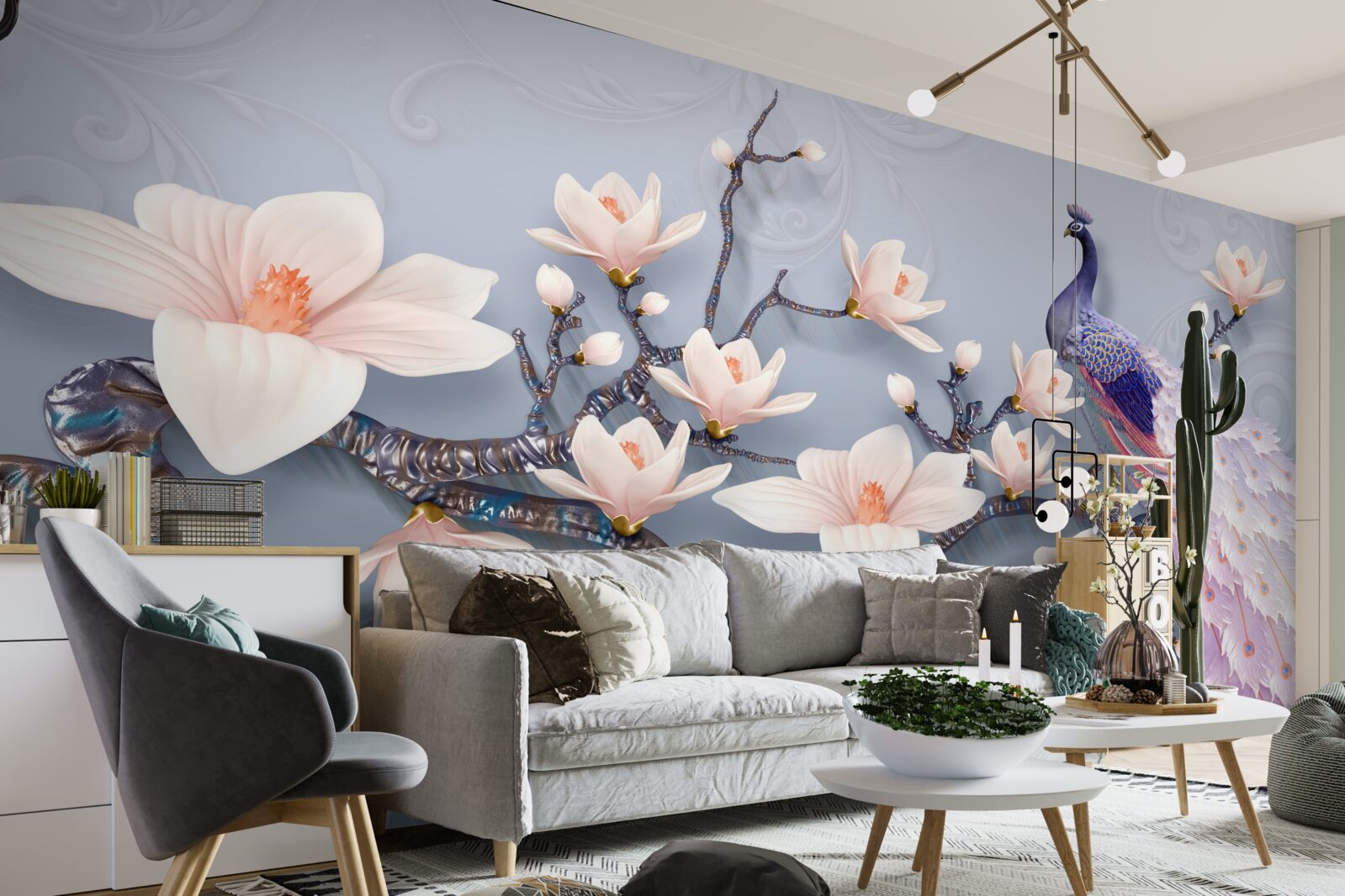 Fototapeta nádherný páv sediaci na konári s púčikmi