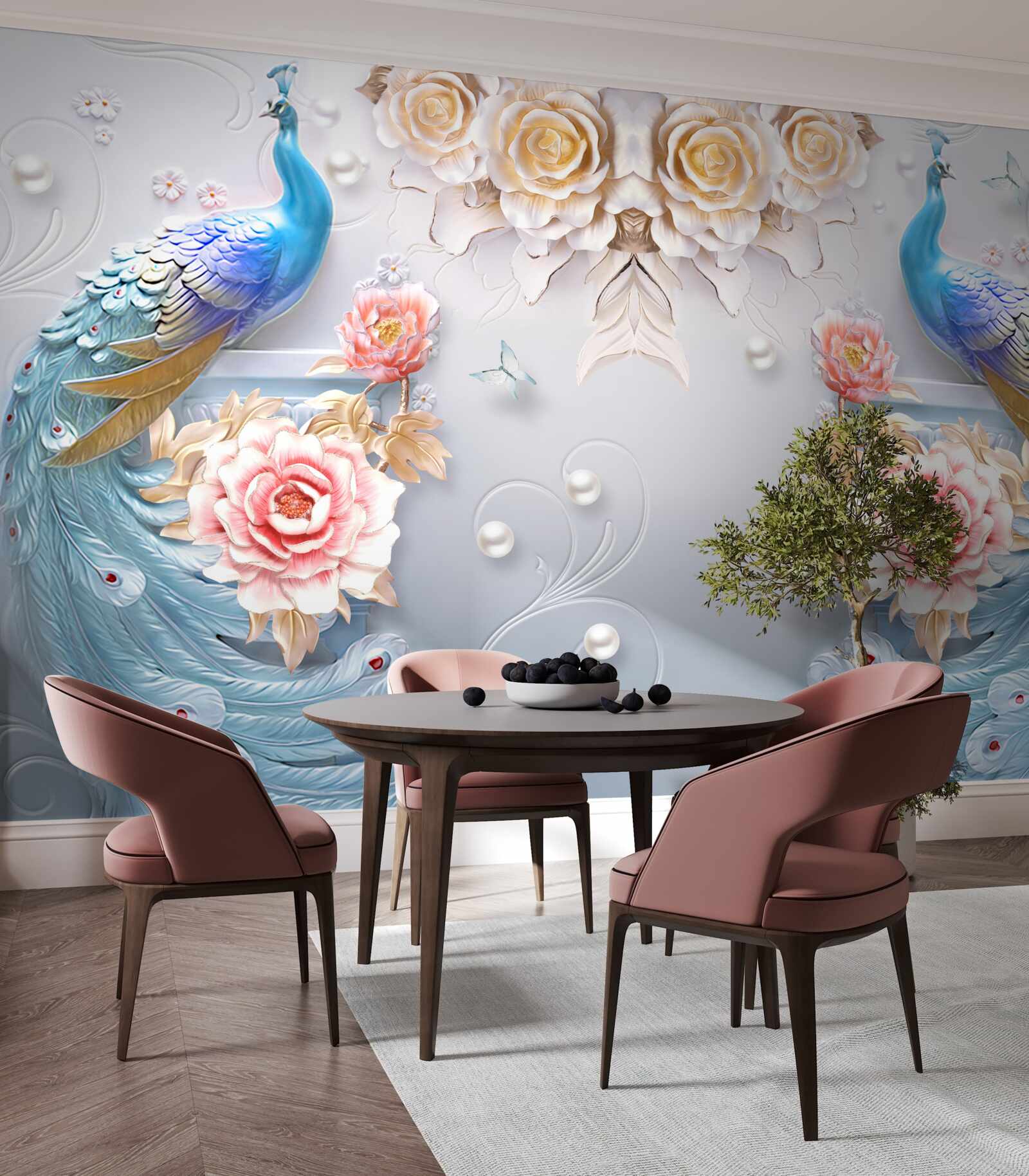 Fototapeta dva krásne pávy a ružové ruže