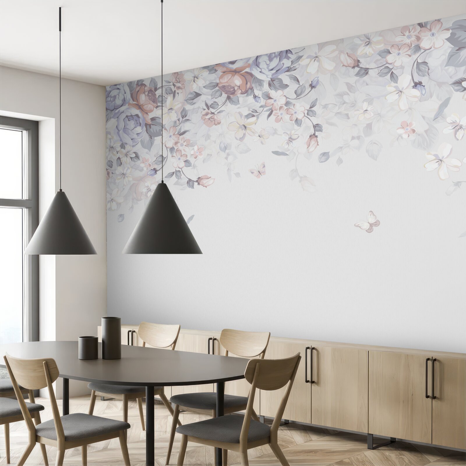 Fototapeta biely podklad je zdobený jemnými kvetmi