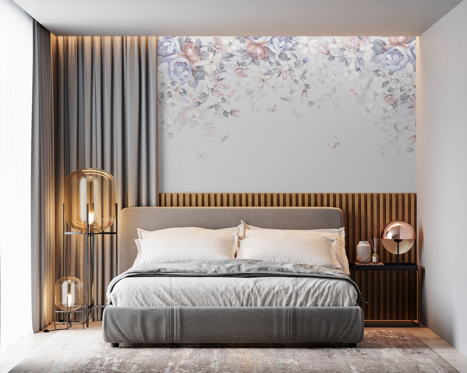 Fototapeta biely podklad je zdobený jemnými kvetmi