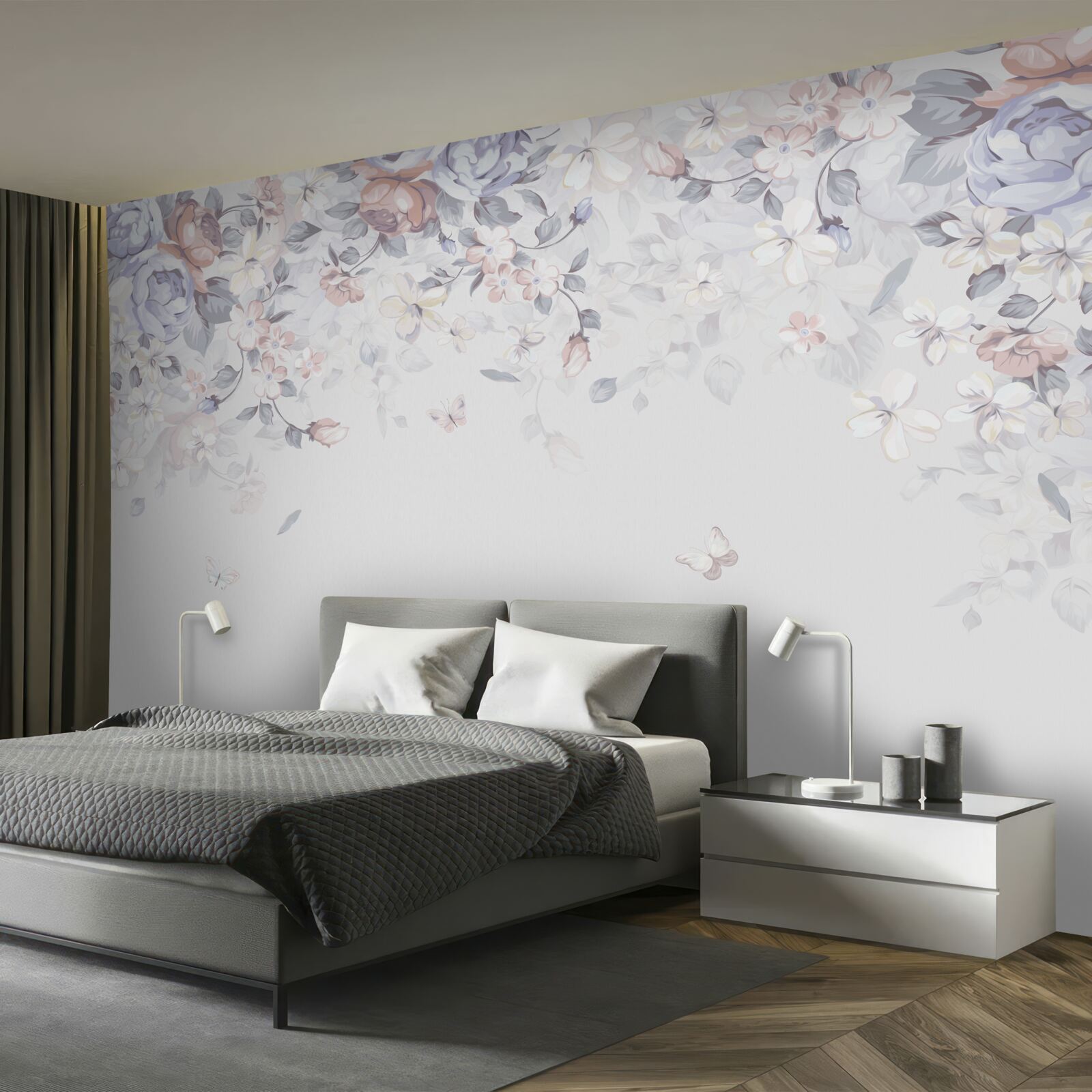 Fototapeta biely podklad je zdobený jemnými kvetmi