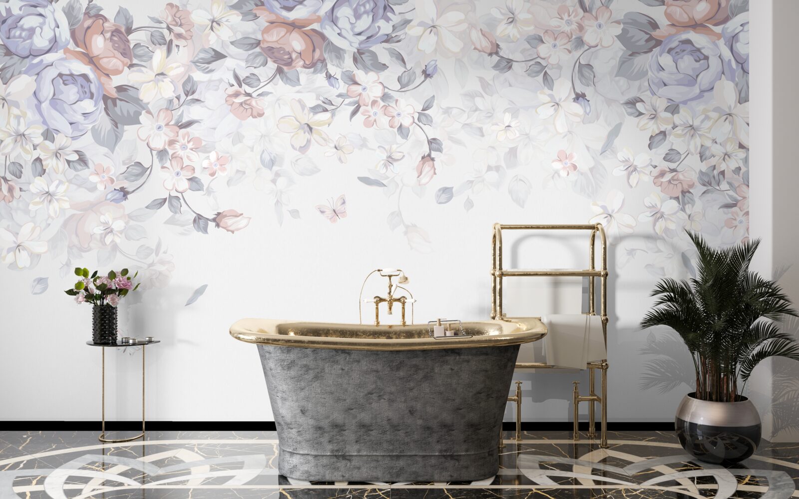 Fototapeta biely podklad je zdobený jemnými kvetmi