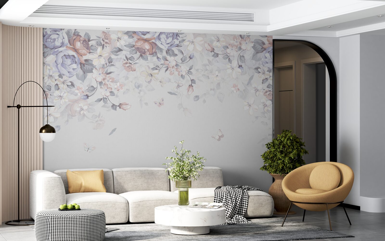 Fototapeta biely podklad je zdobený jemnými kvetmi