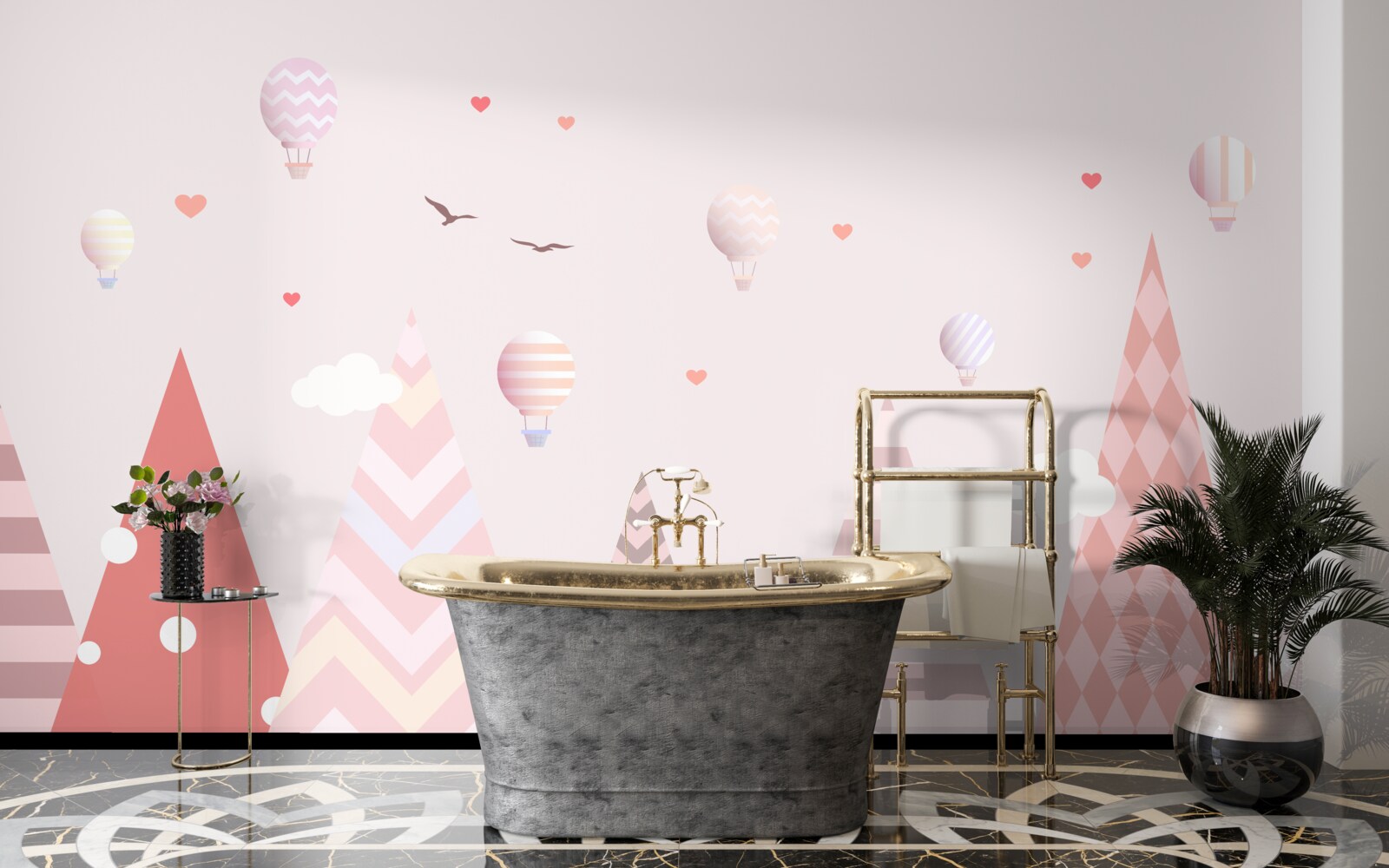 Fototapeta ružové hory zdobené balónmi