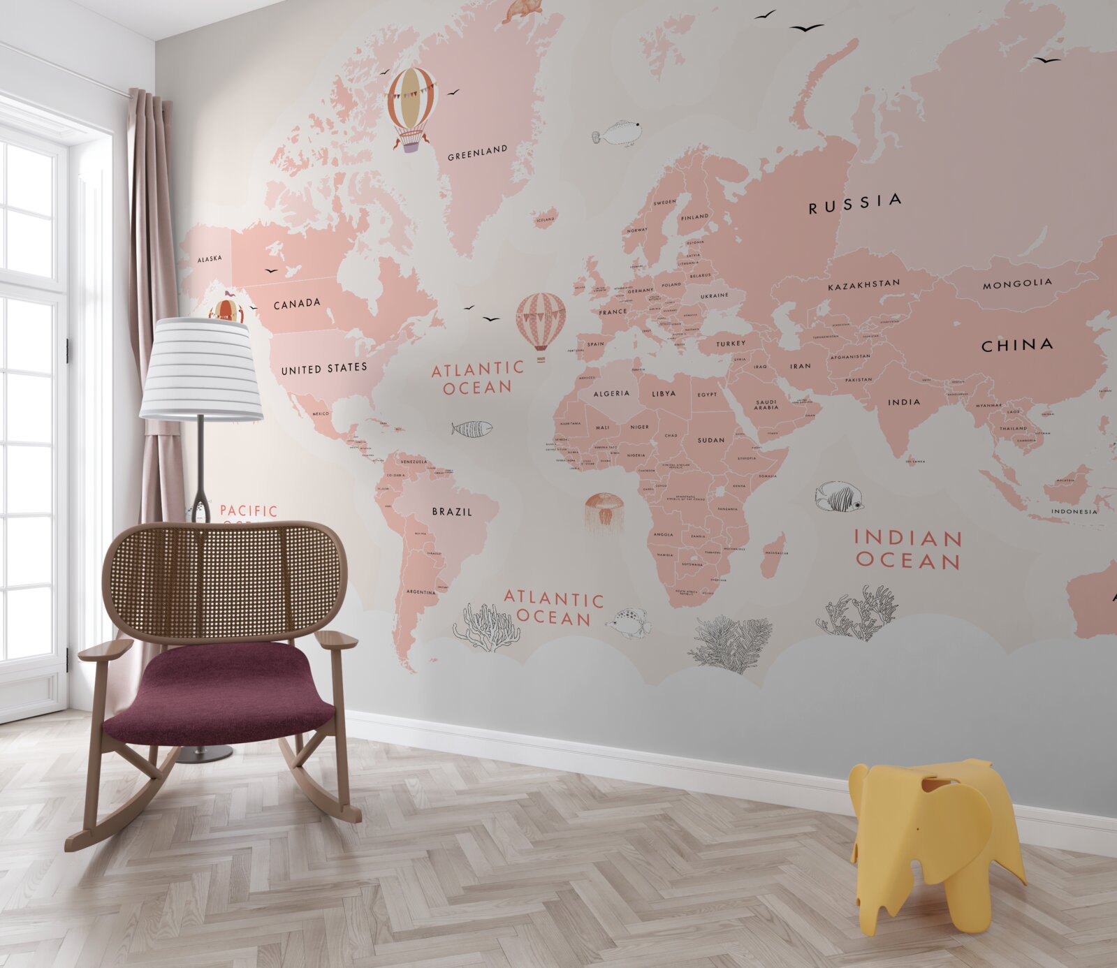 Fototapeta atlas planét prezentovaný v ružovej farebnej palete