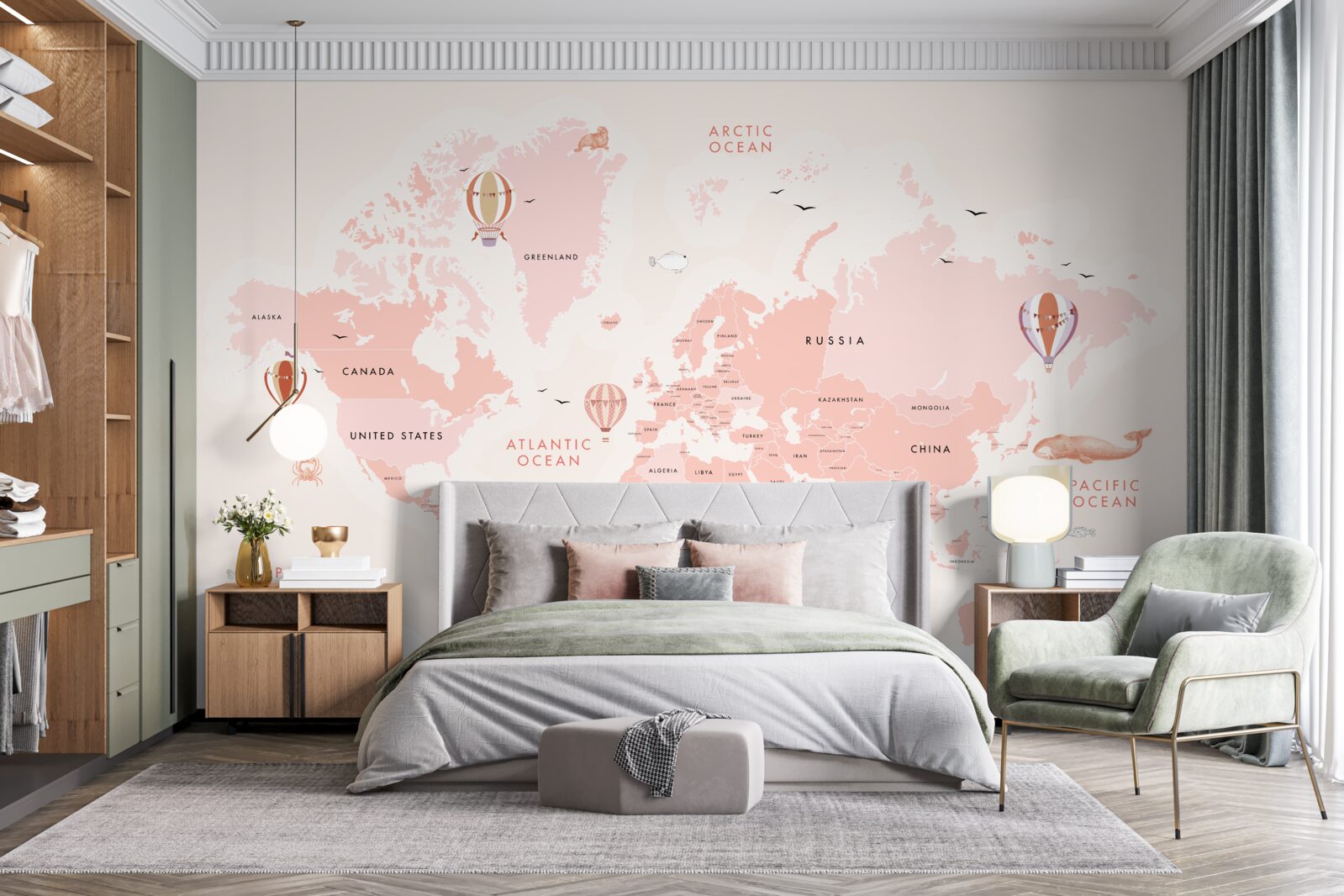 Fototapeta atlas planét prezentovaný v ružovej farebnej palete