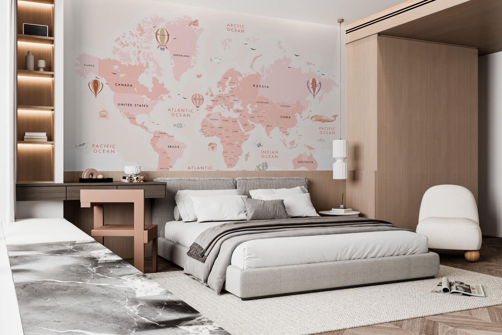 Fototapeta atlas planét prezentovaný v ružovej farebnej palete