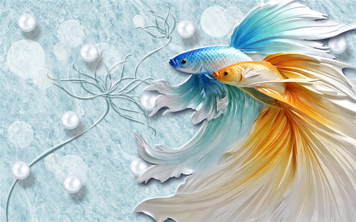 Fototapeta ryby s luxusnými chvostmi, zahalené v zlatej a modrej farbe